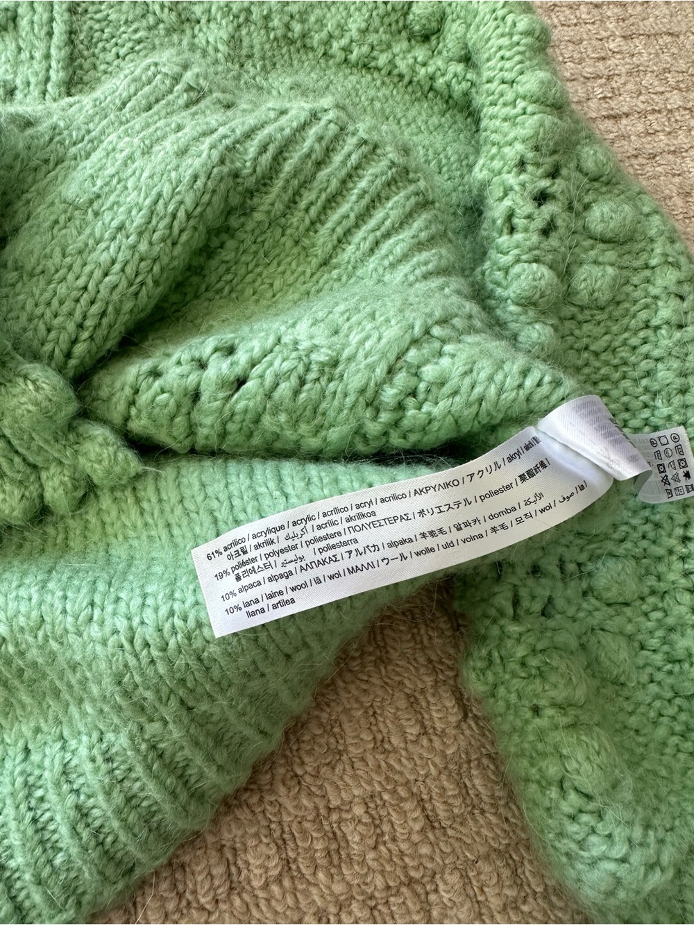 Zara Green Chunky Knit V-Neck Balloon Sleeves Wool Alpaca Blend Cardigan Sz M - Picture 6 of 7